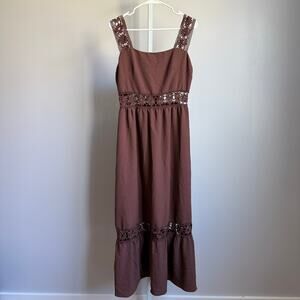 Shein sz‎ L Brown Embroidered milkmaid Festival Sleeveless maxi dress